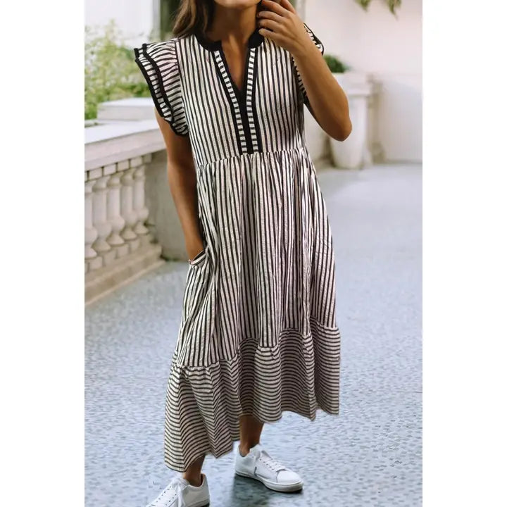 Spring Ruffled Striped V-Neck Dress - Black