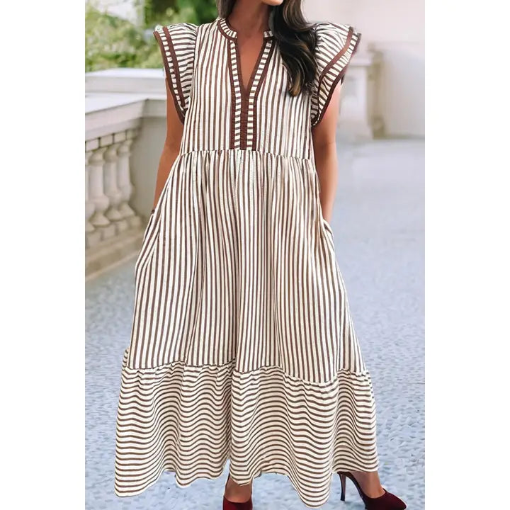Spring Ruffled Striped V-Neck Dress - Brown